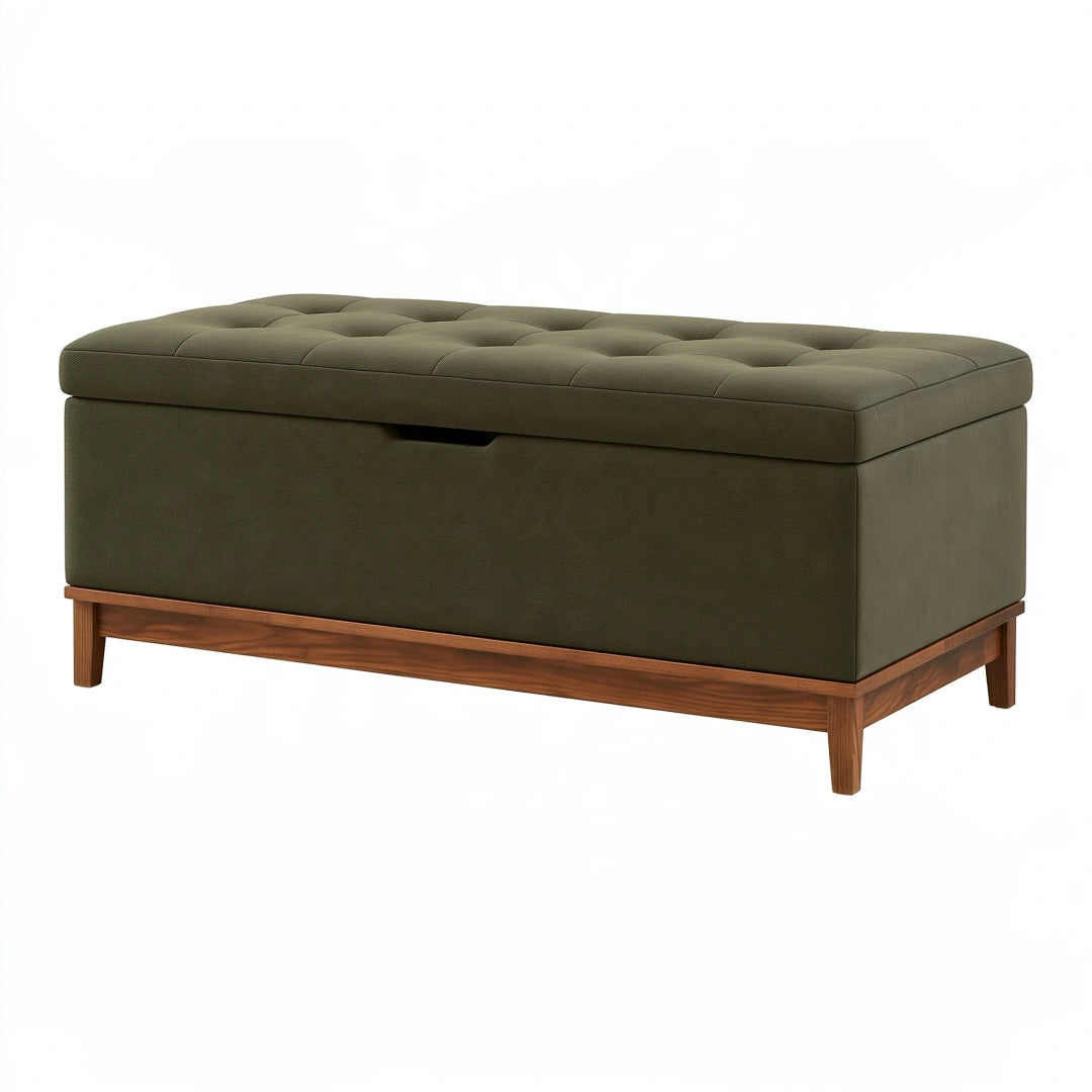 Banc coffre de rangement 120 cm en tissu vert olive et bois - assise capitonnée