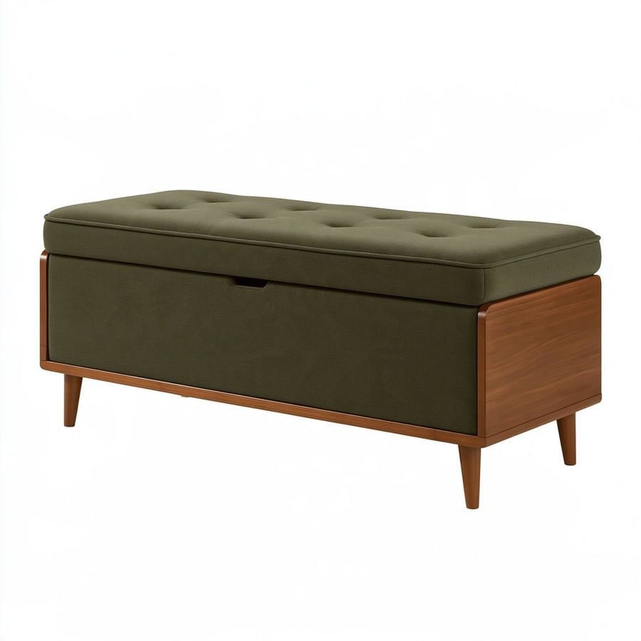 Banc coffre 120 x 45 x 50 cm en tissu vert et bois - assise capitonnée rangement