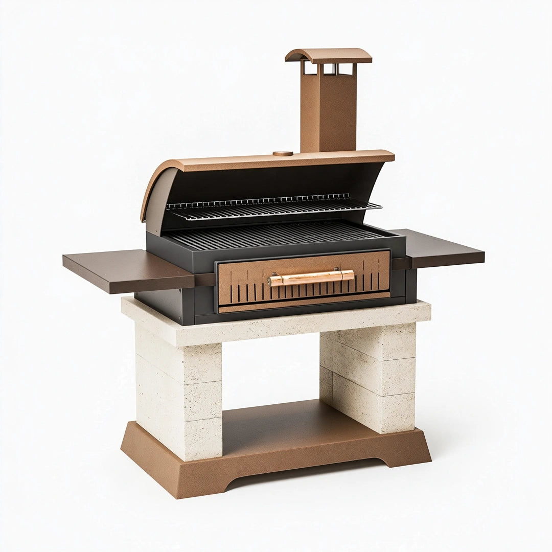 Barbecue de jardin 150 x 70 x 190 cm en acier noir et brun avec cheminée et tablettes latérales