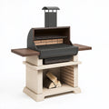 Barbecue de jardin 160 x 70 x 210 cm en acier noir et pierre beige avec cheminée