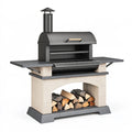 Barbecue extérieur à bois 150 x 75 x 210 cm en métal noir et pierre avec cheminée