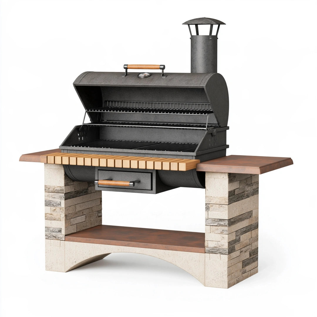 Barbecue fumoir extérieur 180 x 75 x 210 cm en acier noir avec grille et cheminée
