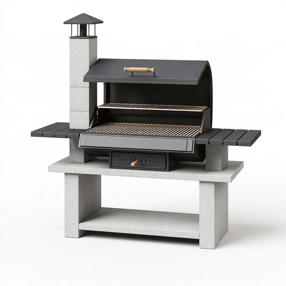 Barbecue fixe 160 x 70 x 210 cm en béton et acier noir pour cuisson au charbon avec cheminée
