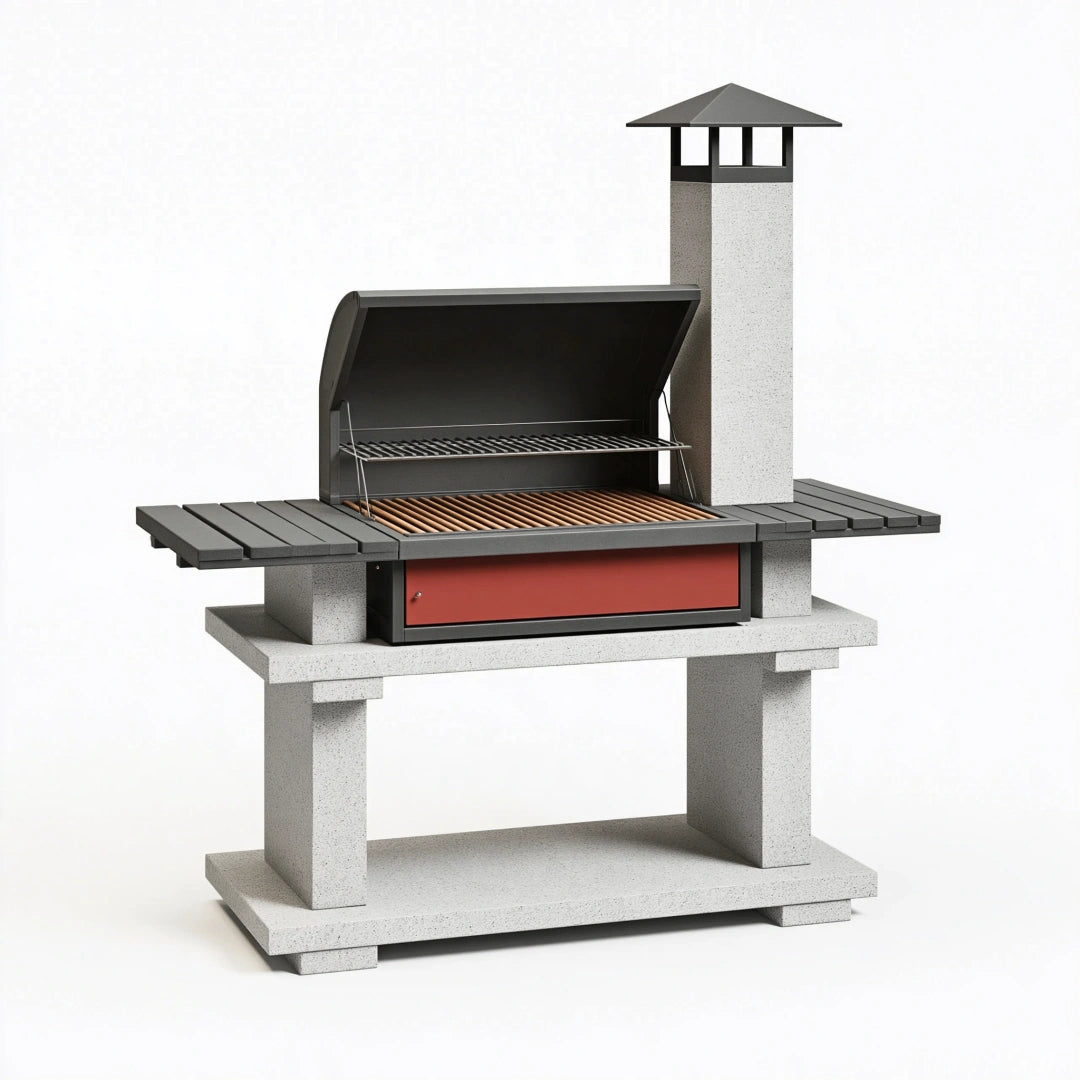 Barbecue de jardin 150 x 70 x 190 cm en béton gris acier noir avec cheminée et grilles