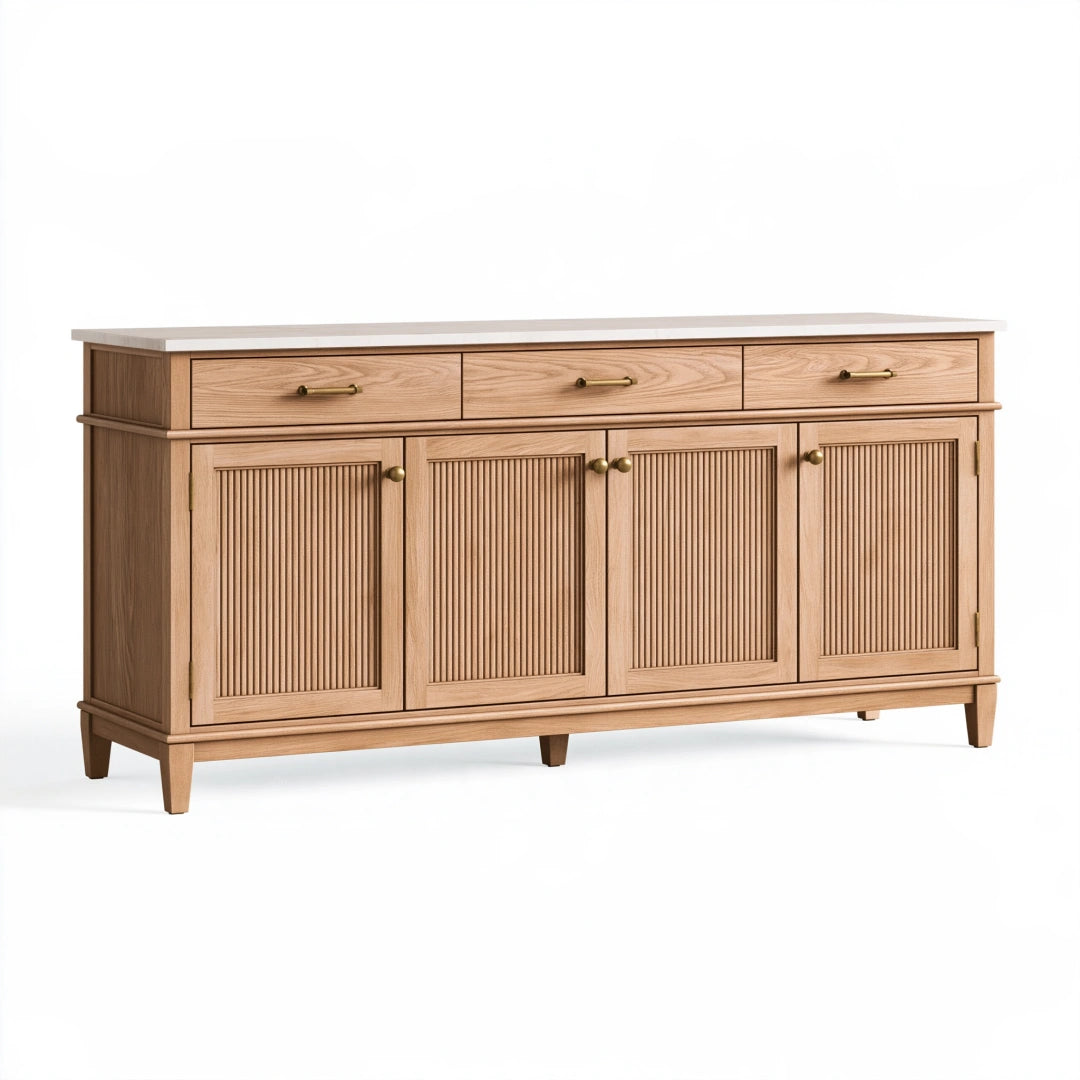 Buffet 180 x 45 x 90 cm en bois chêne à 4 portes et 4 tiroirs style classique