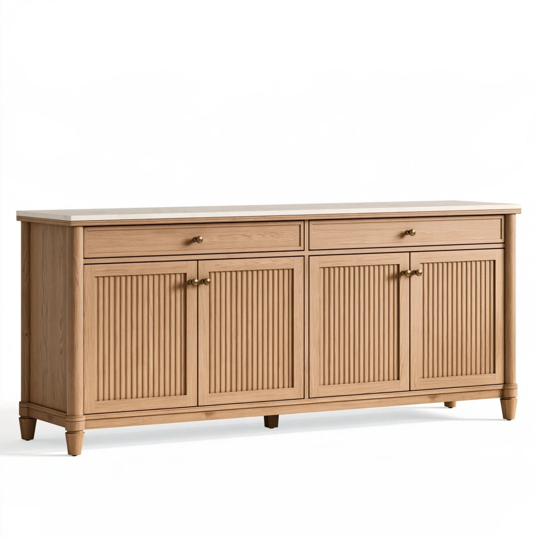 Buffet 180 x 45 x 90 cm en bois chêne clair à 4 portes et 2 tiroirs style classique