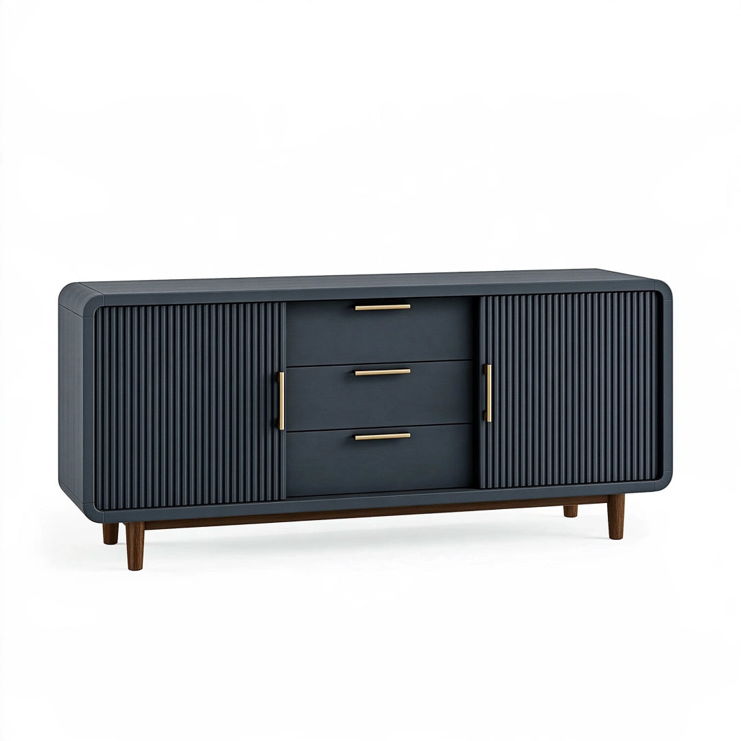 Buffet 160 x 40 x 75 cm en bois bleu foncé à portes rainurées style contemporain