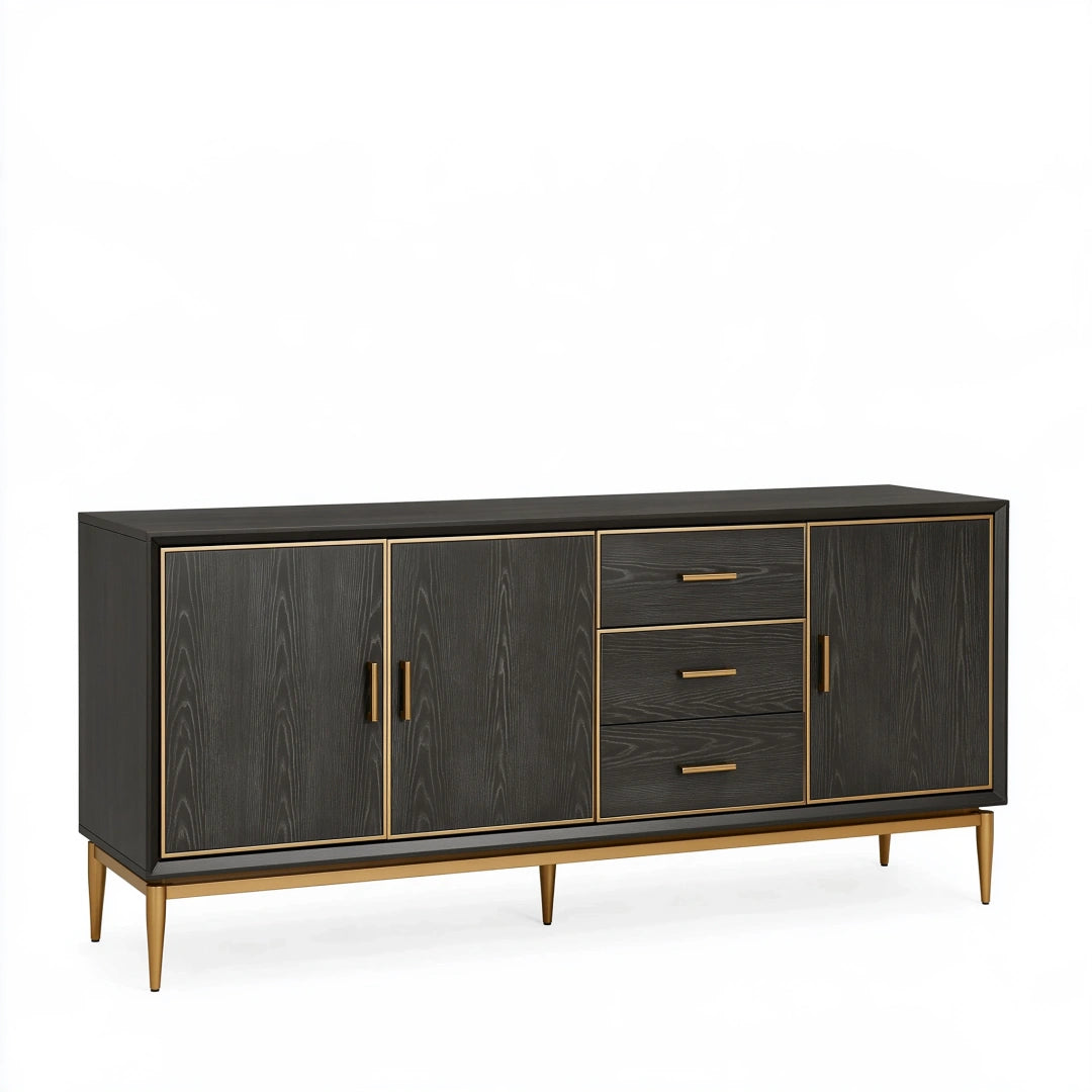 Buffet 180 cm noir effet bois avec détails dorés style contemporain