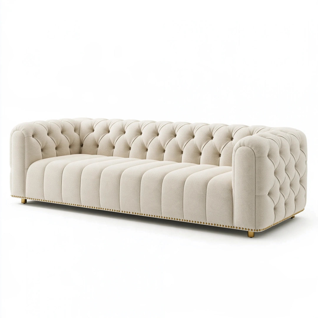 Canapé 3 places 220 cm en tissu beige - style Chesterfield capitonné