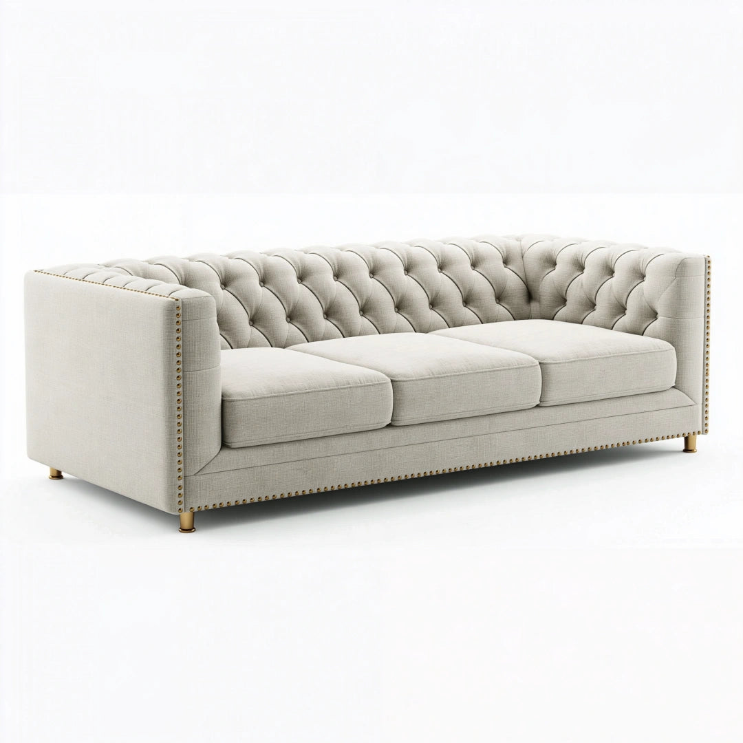 Canapé 3 places 230 x 92 x 78 cm en tissu beige capitonné style classique