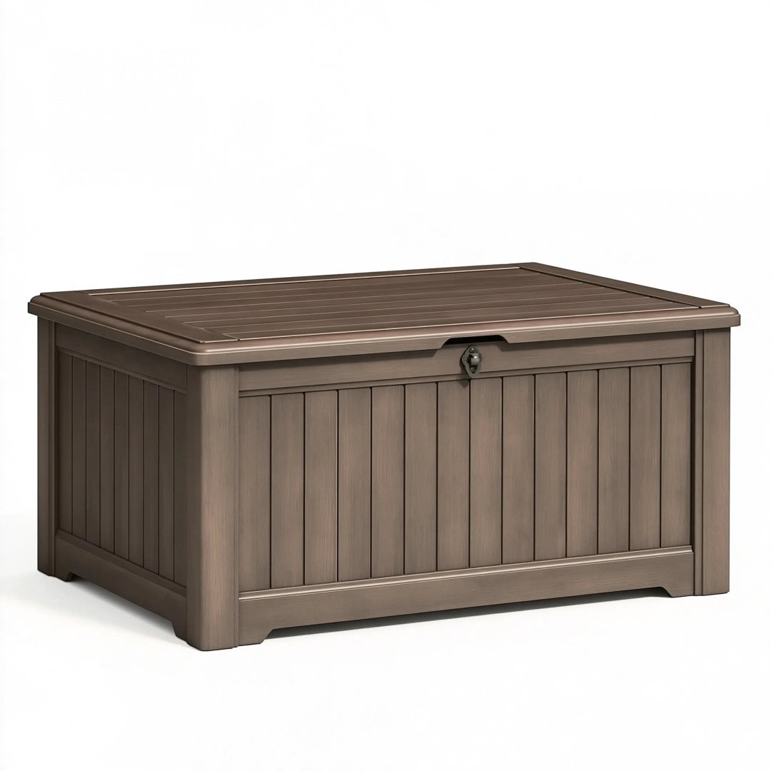 Coffre de rangement extérieur 120 x 62 x 63 cm en résine brun avec couvercle verrouillable