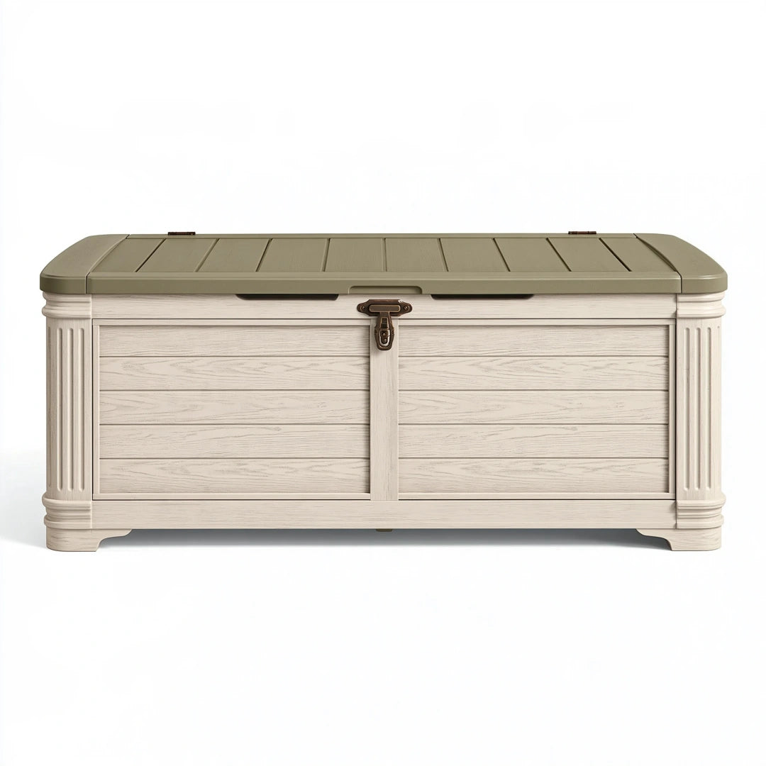 Coffre de rangement extérieur 130 x 60 x 65 cm en résine beige et kaki style classique
