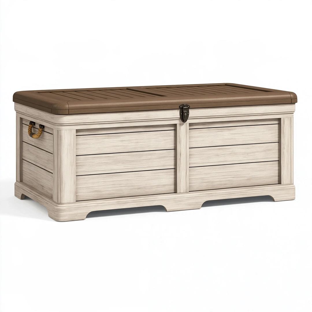 Coffre de rangement extérieur 150 x 75 x 70 cm en résine beige et marron style rustique avec couvercle