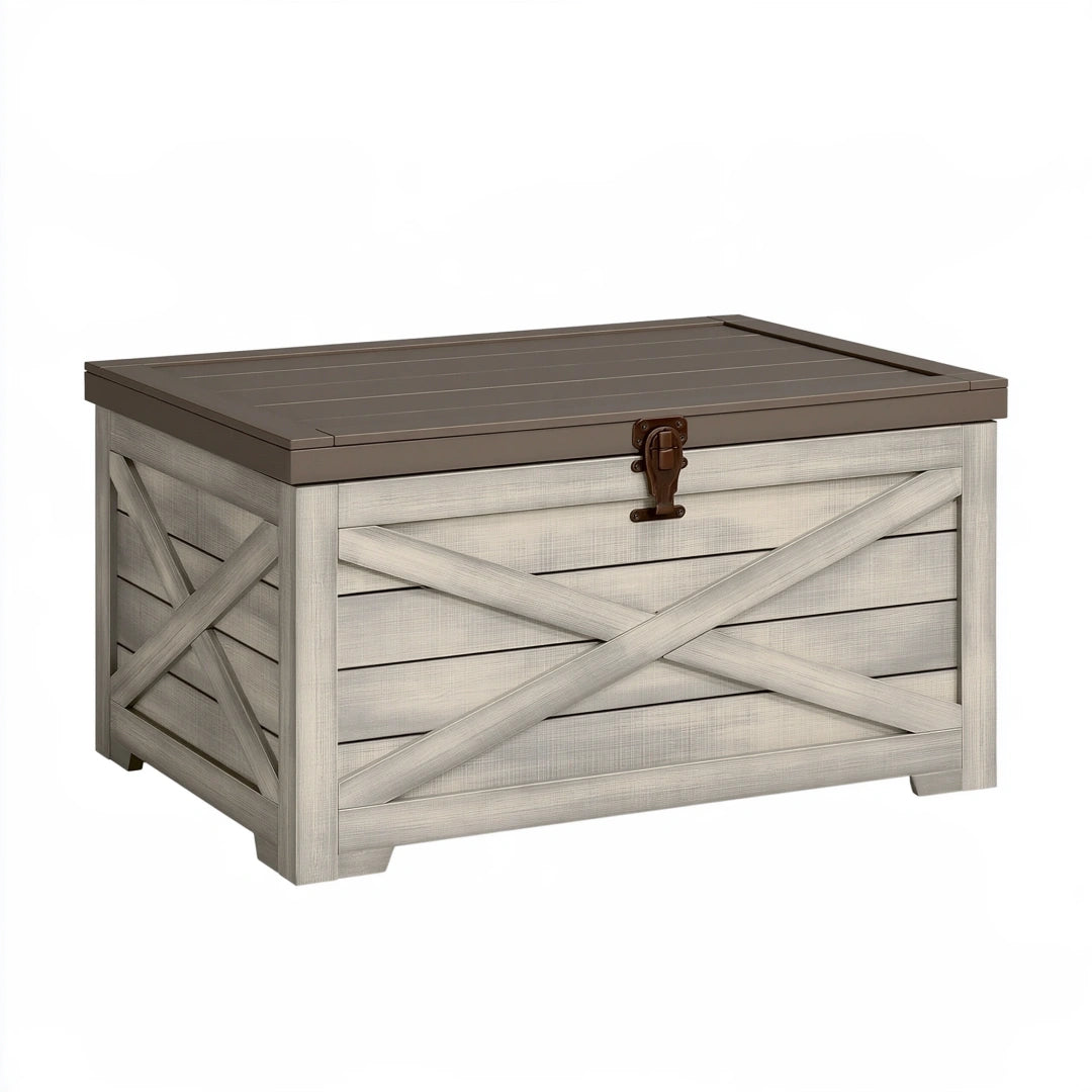 Coffre de rangement extérieur 120 x 60 x 63 cm en résine gris et brun avec couvercle verrouillable