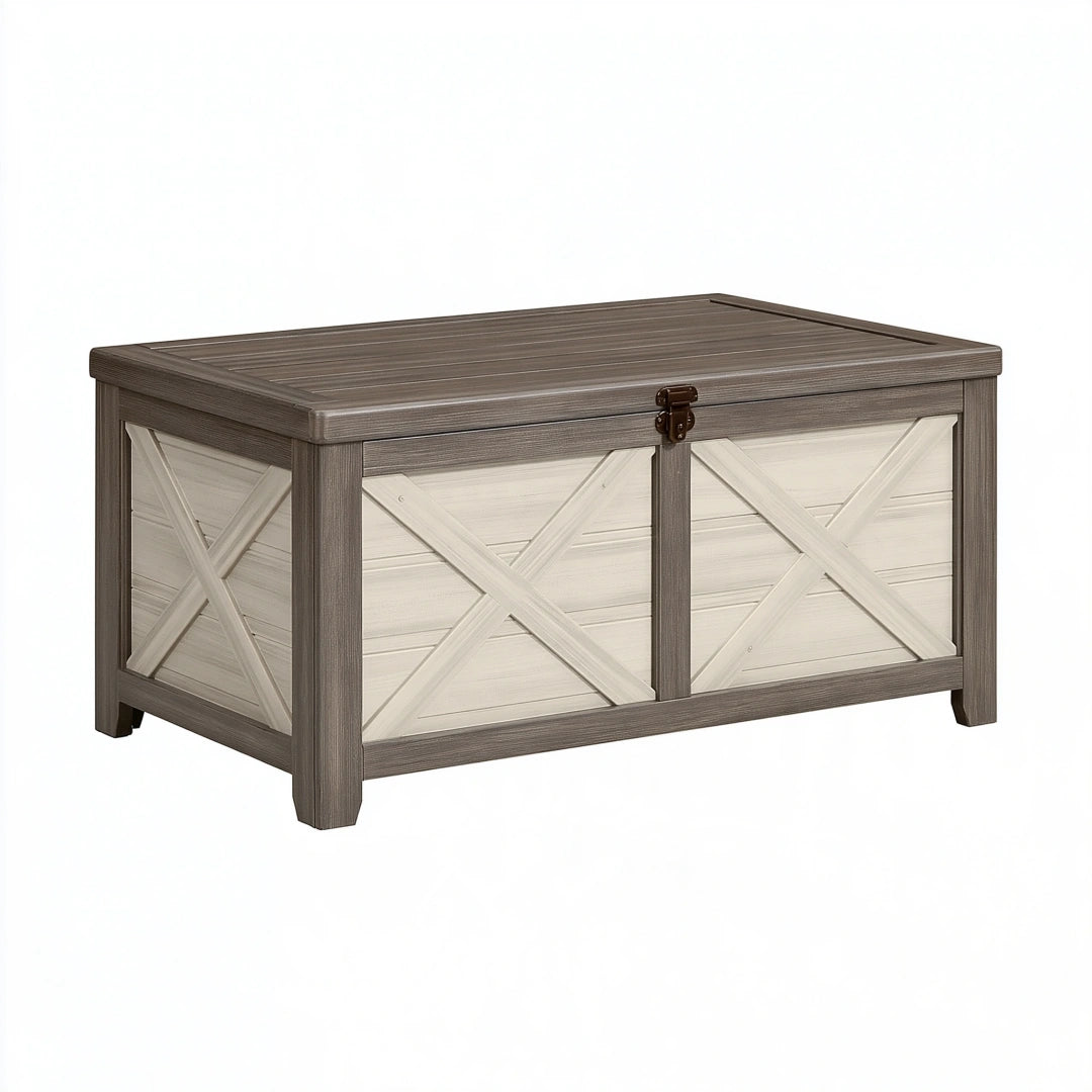 Coffre de rangement extérieur 120 x 60 x 65 cm en résine gris taupe et blanc style campagne