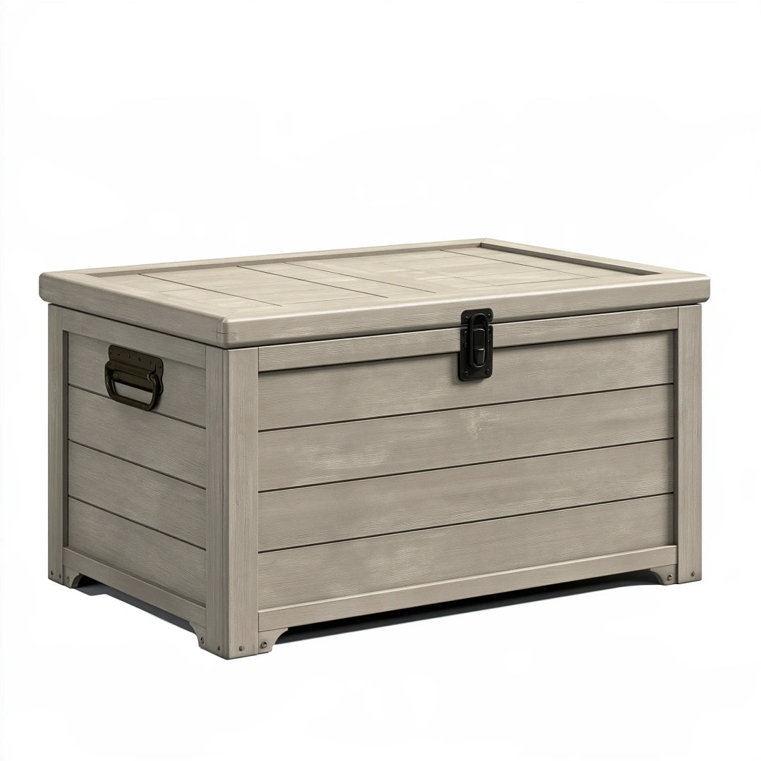 Coffre de rangement 120 x 60 x 65 cm en bois gris clair style industriel avec couvercle